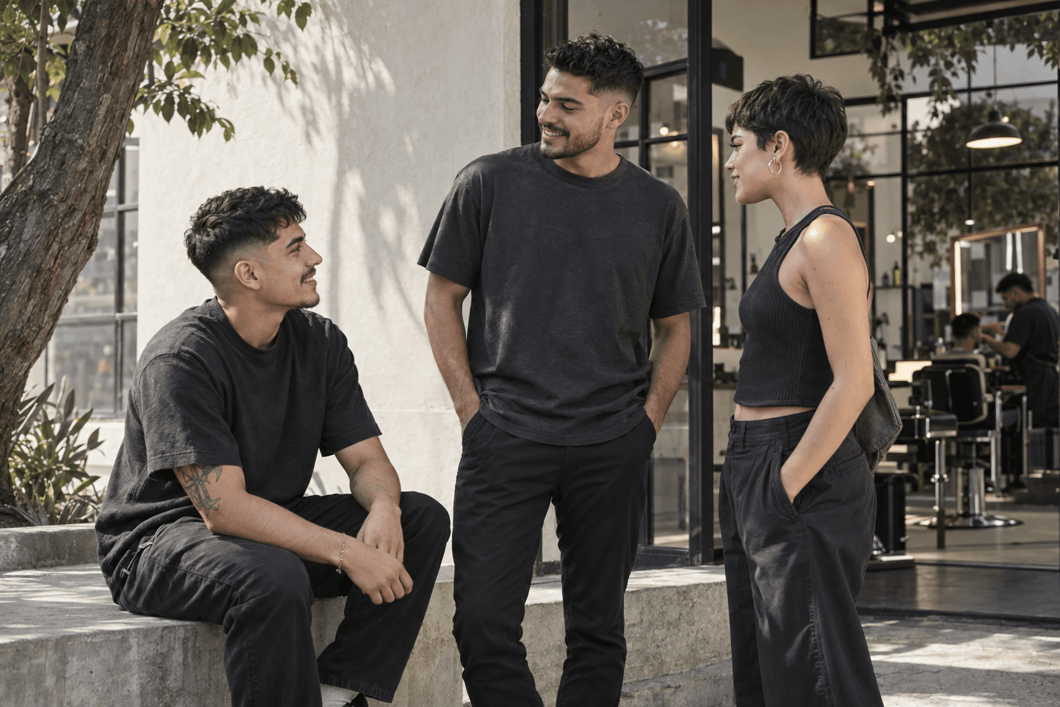 Amigos conversando frente a una barbería después de un corte